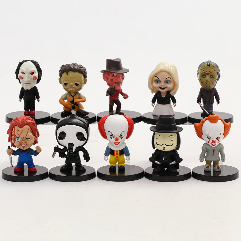 10pcs/set Horror Movie Characters V for Vendetta Chucky Freddy Jason Saw PVC Figures Toys