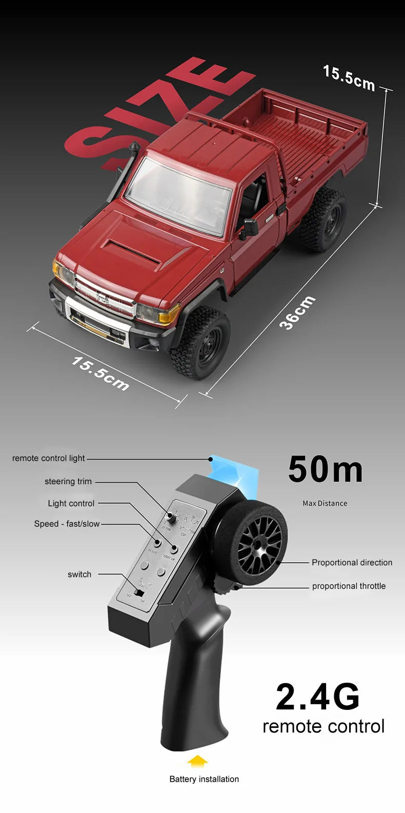 MN82 RC Crawler 1:12 Full Scale Pick Up Truck 2.4G 4WD Off-road Car Controllable Headlights Remote Control Vehicle Model Kid Toy