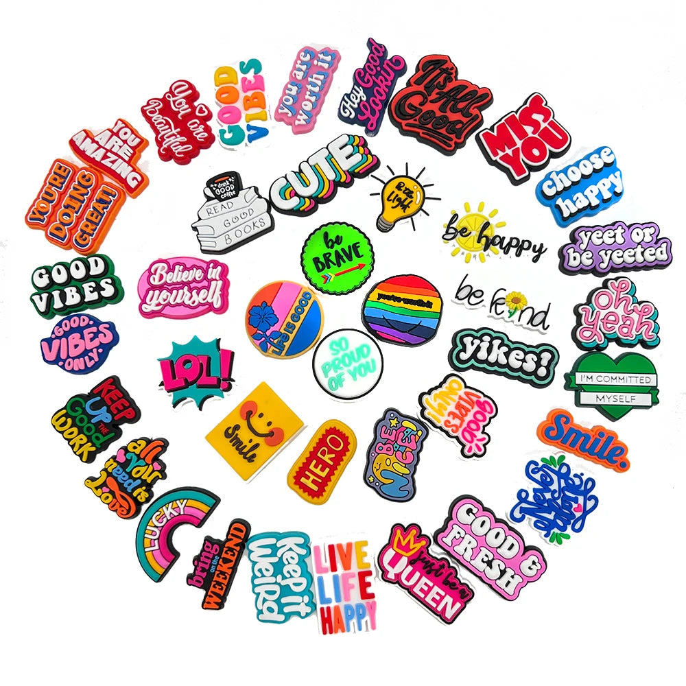 1Pcs Funny Phrase Letters PVC Shoe Accessories Good Vibes Sandals Decorations For Shoe Charms Clogs Buckle Unisex Gifts