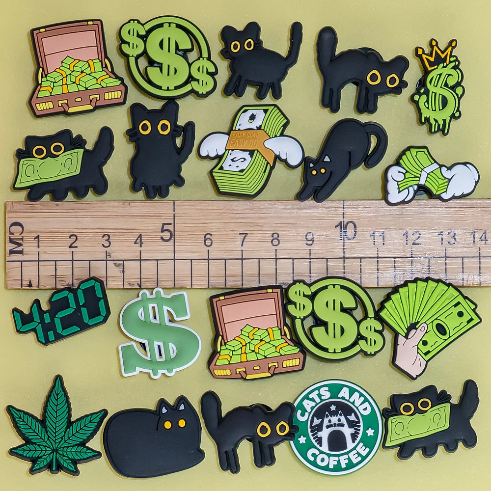1pcs PVC Cats Charms for Clog Buckle Dollar Leaf Shoe Decorations Clips Accessories for Men Kids Favor Gifts Fit Wristband Gift