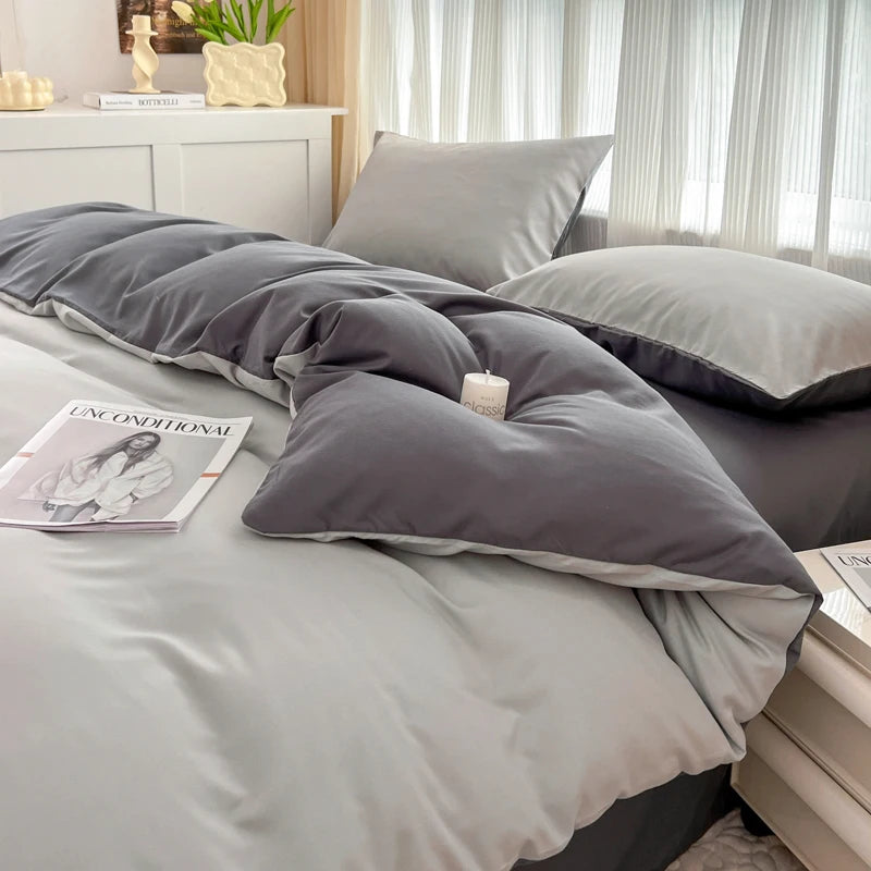2-side Solid Color Brush Fabric Bed Set 4 Pieces Duvet Cover Pillowcase Bedding Set Bed Sheet Quilt Cover Single Queen King Size