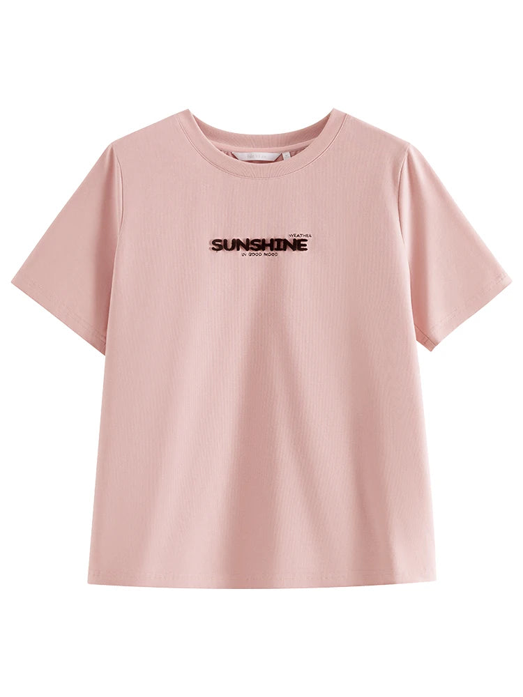 FSLE 69.8% Cotton Women Round Neck Front Shoulder Tees Letter Toothbrush Embroidered Ladies Pink T-shirts White Tops 24FS11355