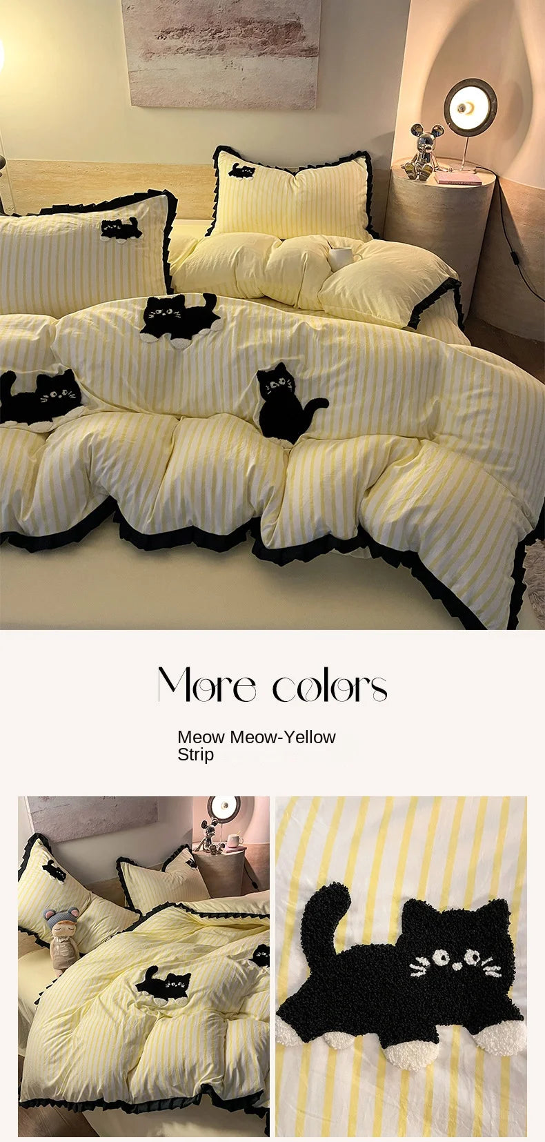 Korean Style Bedding Set Green Strip Black Cat Embroidery Washed Cotton Duvet Cover Cute Cardboard Bed linen Comforter Sets