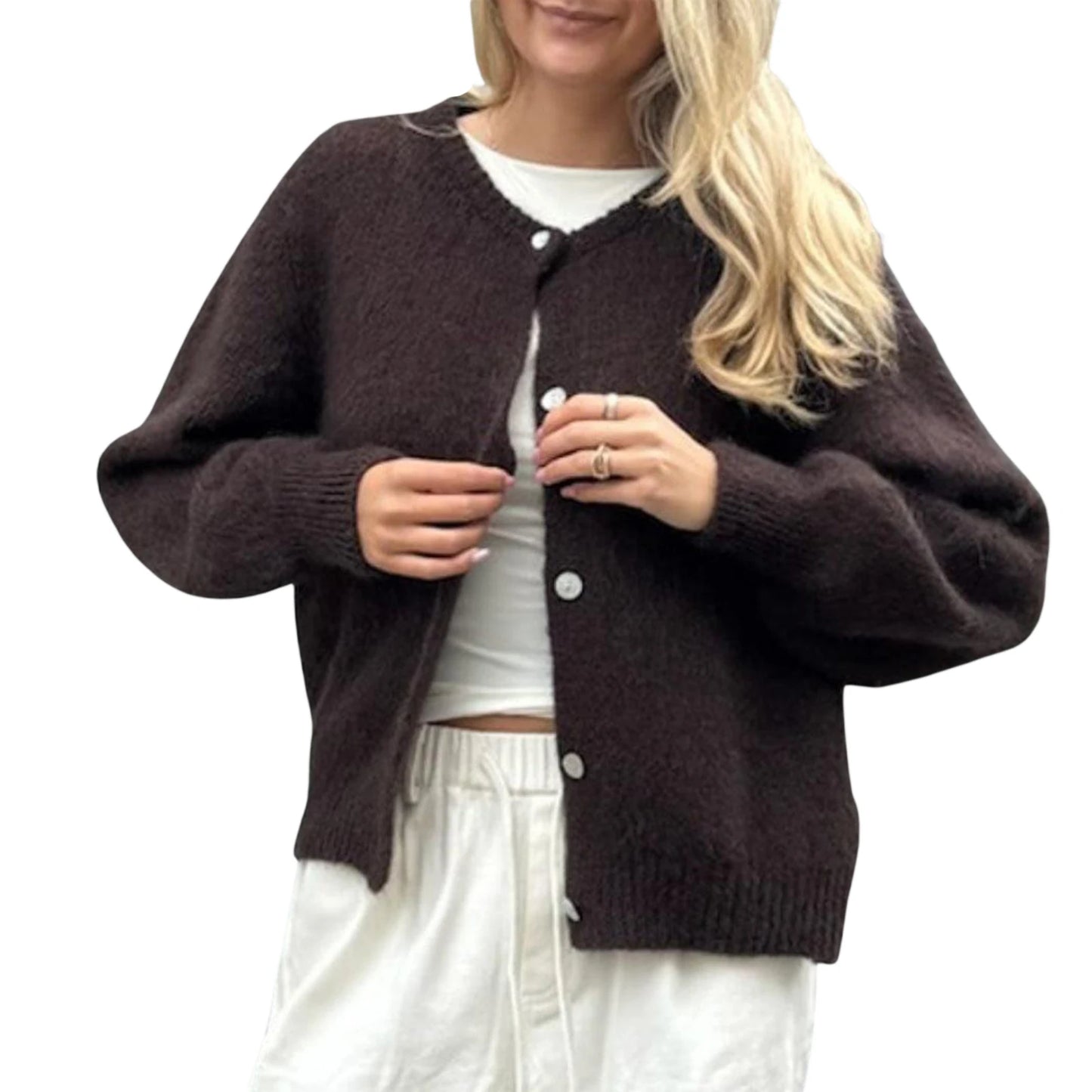 Combhasaki Women's Y2K Chic Solid Color Fuzzy Loose Cardigan Long Sleeve Button Down Round Neck Sweater Soft Knit Tops Outerwear