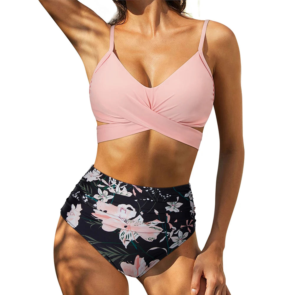 High Waist Sexy Bikini Set 2024 Biquini Swimwear Women Two Pieces Swimsuit Floral Beachwear V-Neck Bathing Suits Female