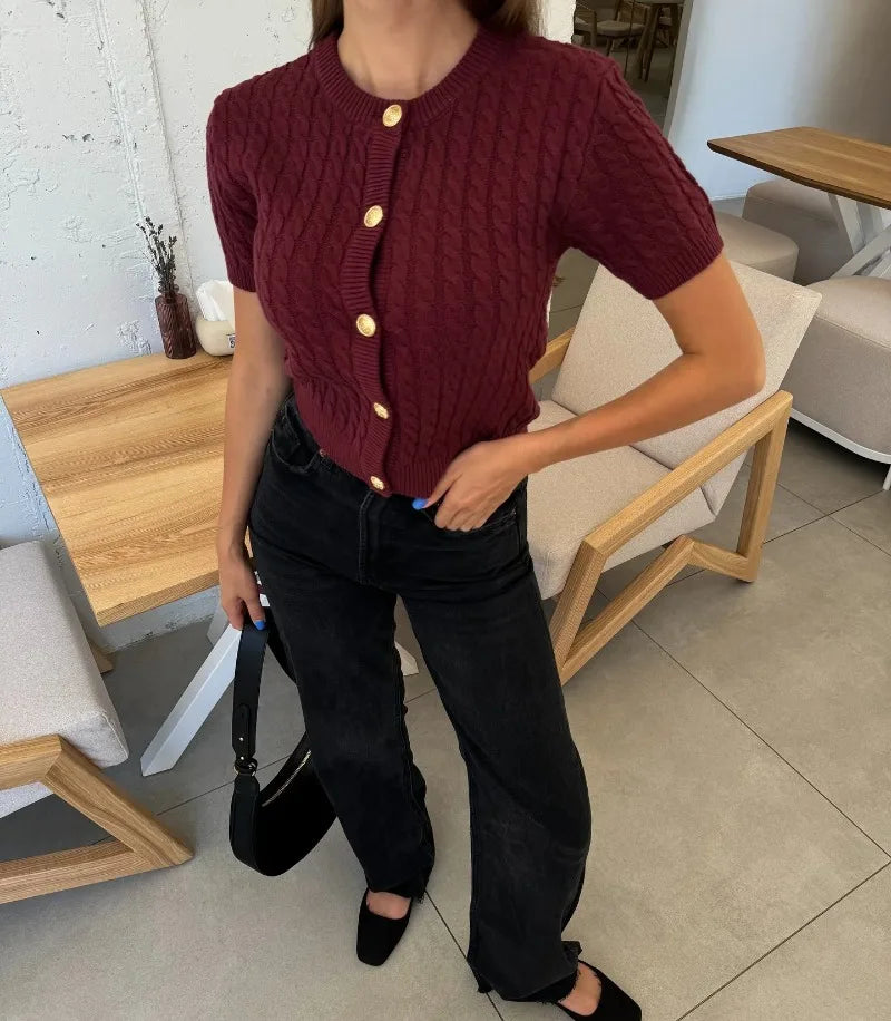 Trendix Women Winter Knit Cardigan Winter Street Fashion Patchwork Ribbed Short Sleeve Sweater Autumn Commute Knitwear Crop Top