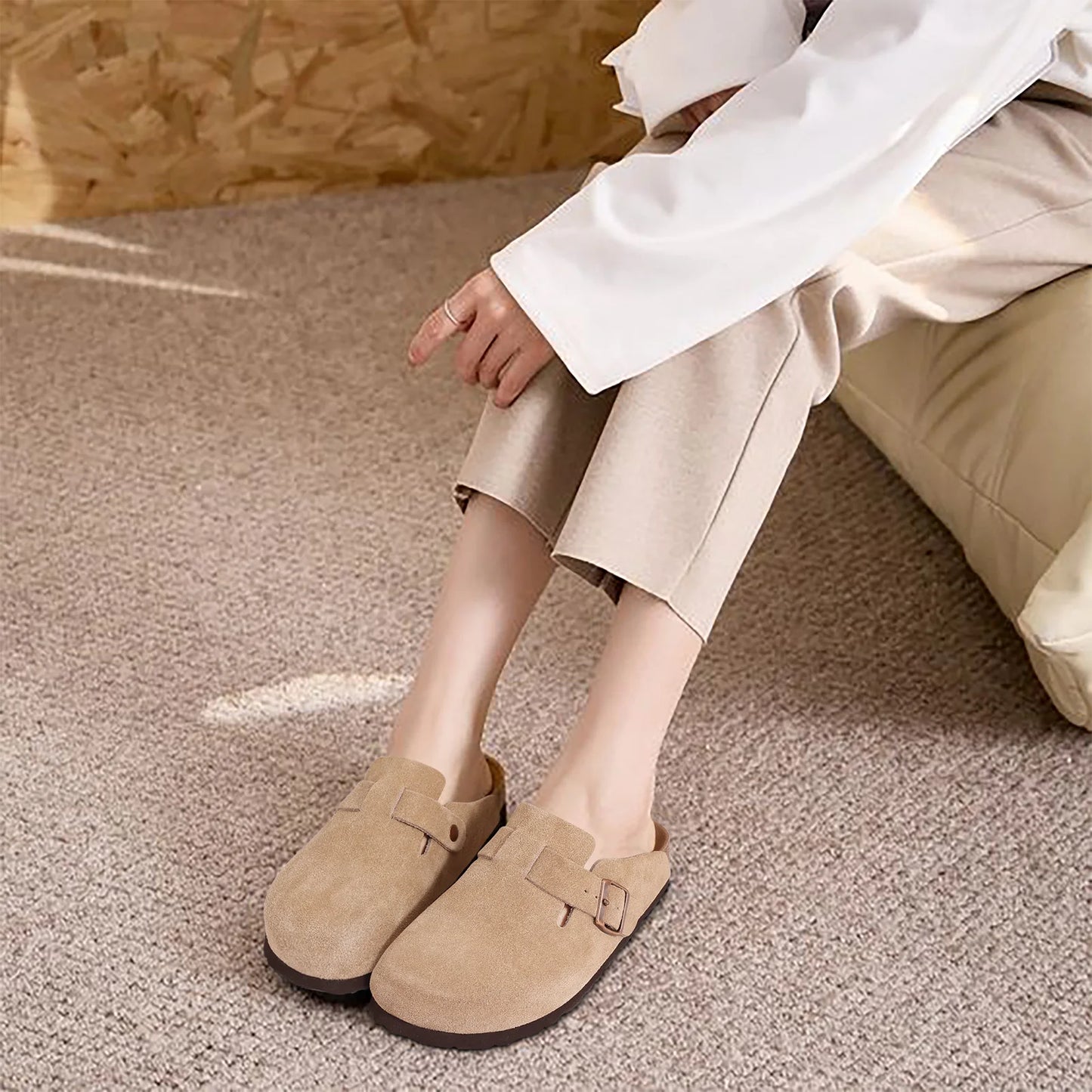 Kidmi Women Cork Suede Mules Slippers Outdoor Antiskid Beach Slippers Classic Cork Footbed Women Sandals With Adjustable Buckle