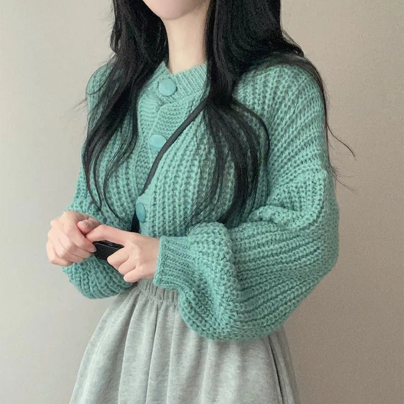 2024 Fall Winter Short Knitted Cardigan Women Thicken Warm Single-Breasted Sweater Female Solid O-Neck Long Sleeve Knitwear Coat