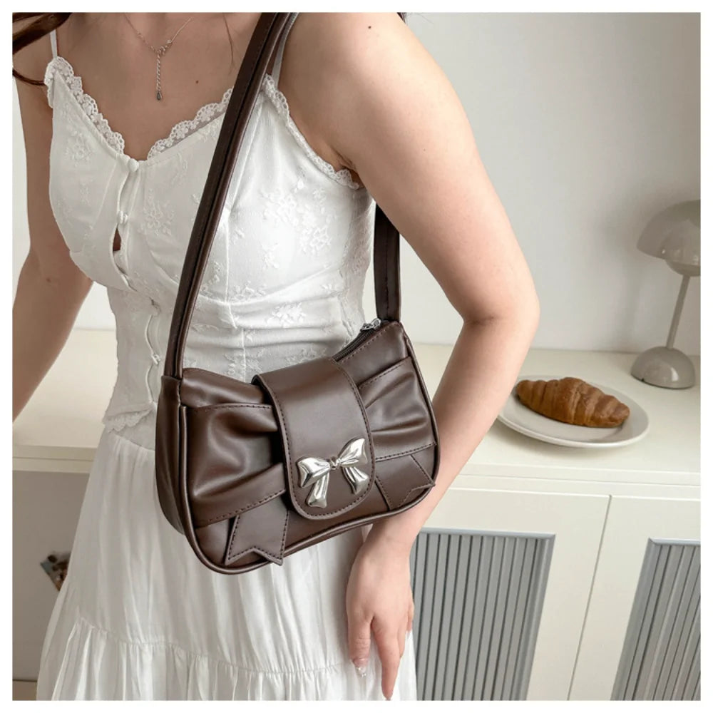 Korean Bow Pleated Shoulder Bag For Women 2024 Spring Summer New Armpit Bag Handbag