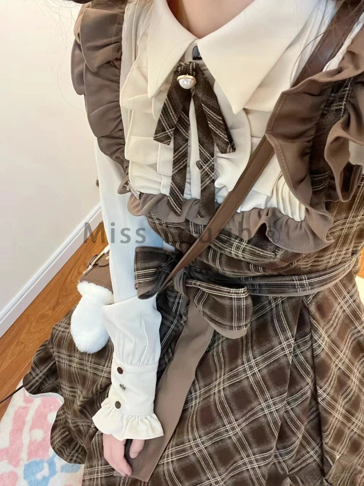Autumn France Vintage Long Sleeve Dress Women Fashion Design Bow Lapel Lace Up Plaid Dresses Retro Chic Slim Thin Ruffle Dress