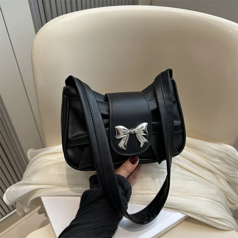 Korean Bow Pleated Shoulder Bag For Women 2024 Spring Summer New Armpit Bag Handbag