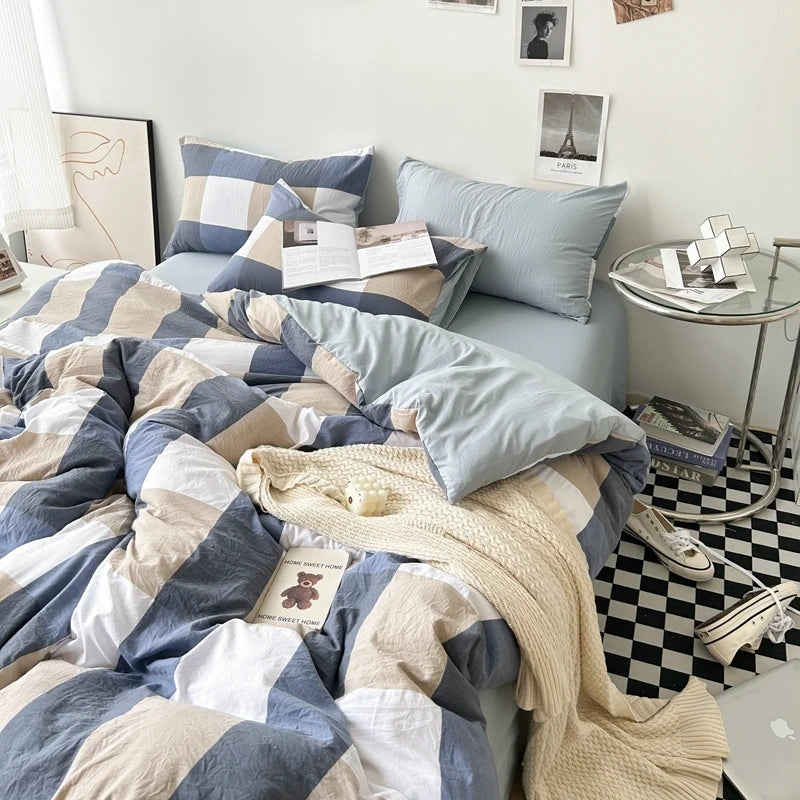 Bed Linen Washed Cotton Striped Grid Minimalist Bedding Sheet Set Comforter Sets Queen Duvet Cover Double For Boys And Girls