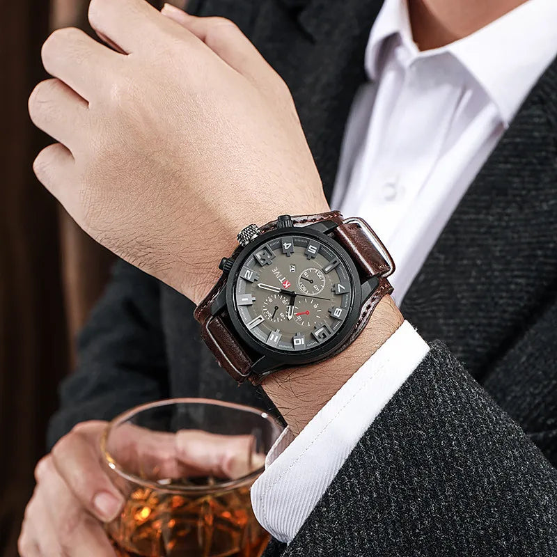 YIKAZE Luxury Business Men Quartz Watch Classic Retro Men's Watches Big Dial Leather Strap Date Military Wristwatch for Man