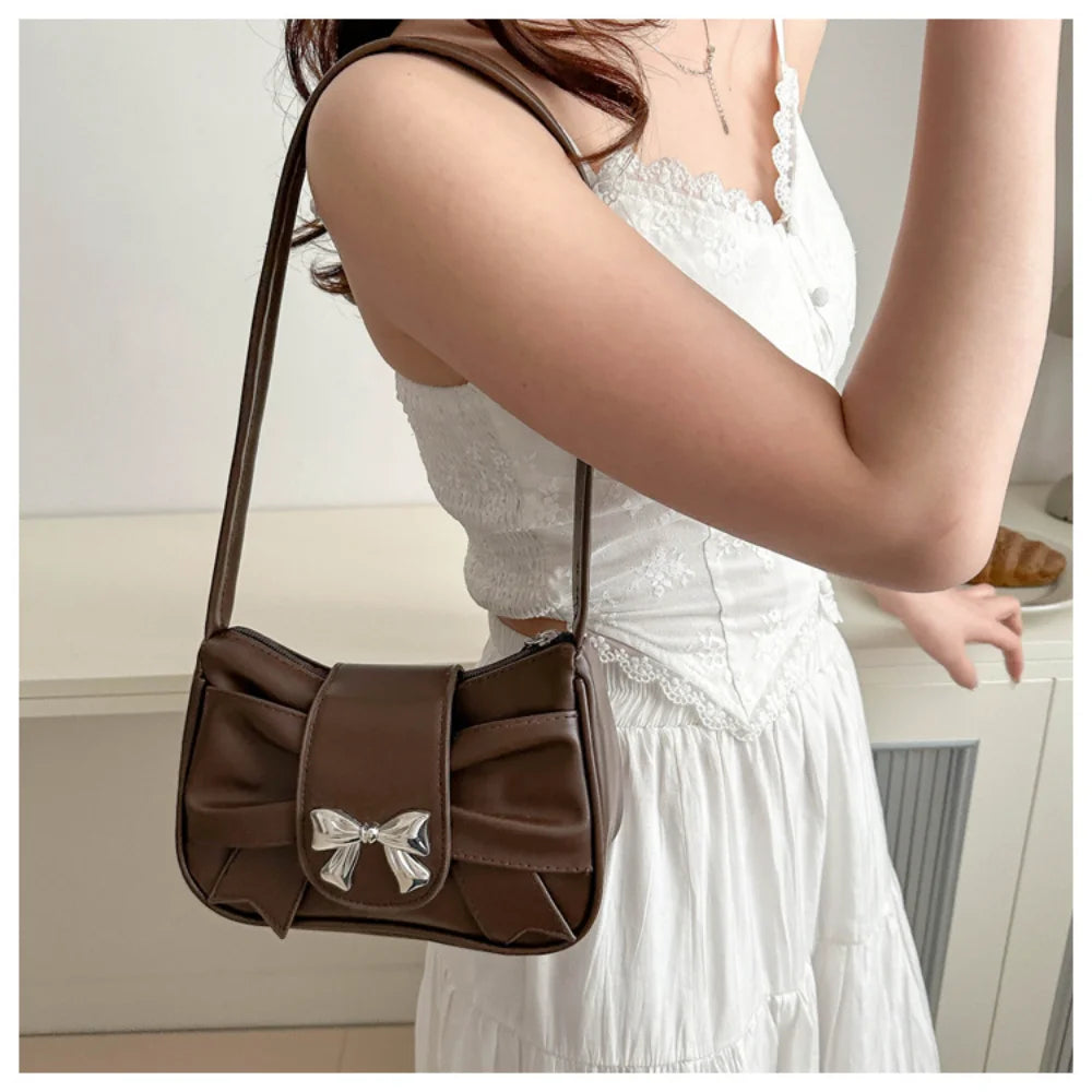Korean Bow Pleated Shoulder Bag For Women 2024 Spring Summer New Armpit Bag Handbag