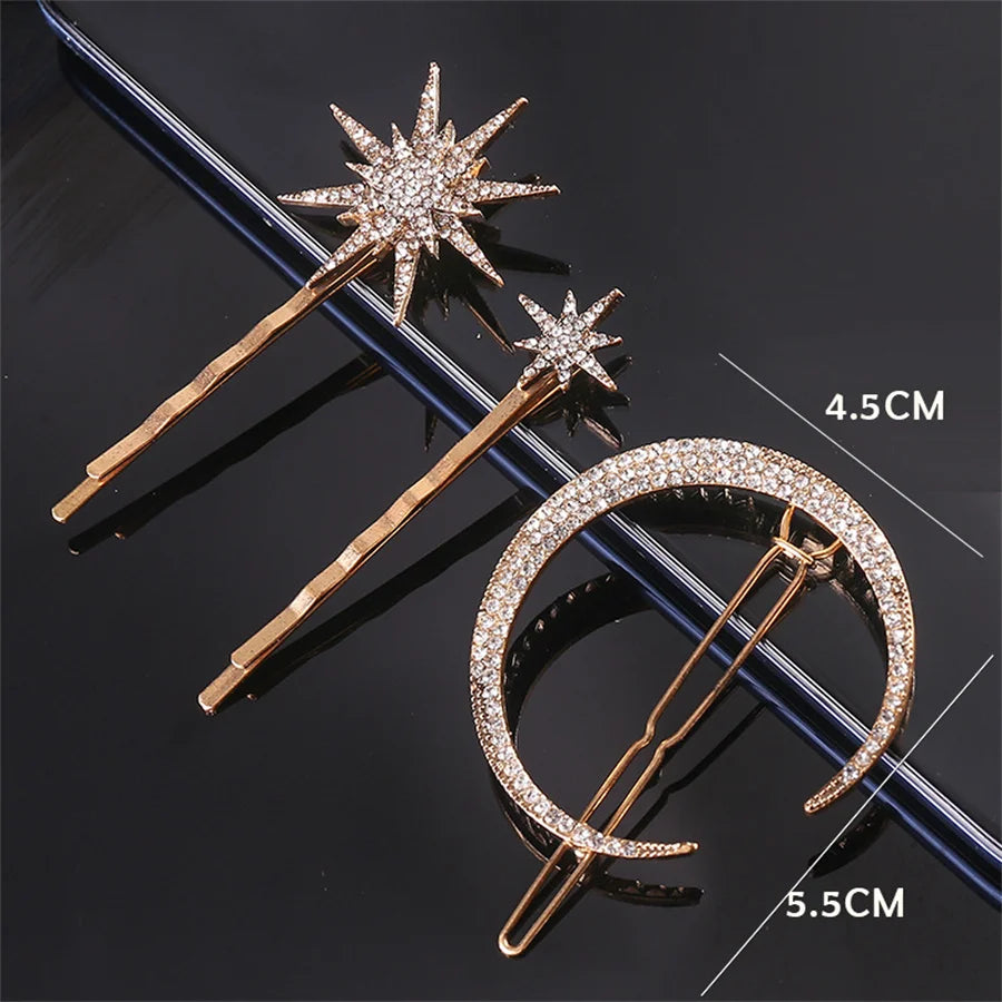 New Geometric Stars Moon Rhinestone Hair Clip Set Snowflake Star Bride Hairpins Women Side Clip Hair Barrettes Hair Jewelry Gift
