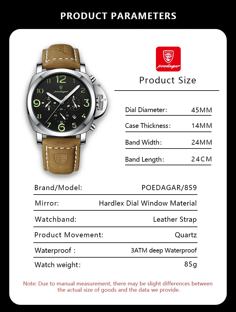 POEDAGAR Luxury Man Watch Chronograph Waterproof Luminous Date Watch for Men Casual Leather Sports Military Men's Quartz Watches