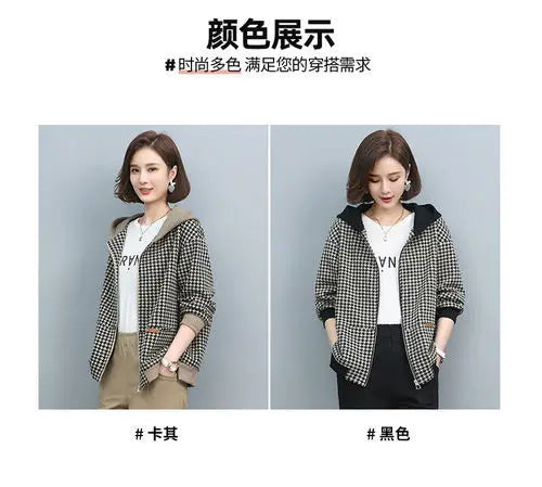 2024 Autumn Winter New Middle-aged and elderly Mothers Short Jacket Women's Patchwork Hooded Plaid Coat Casual Tops