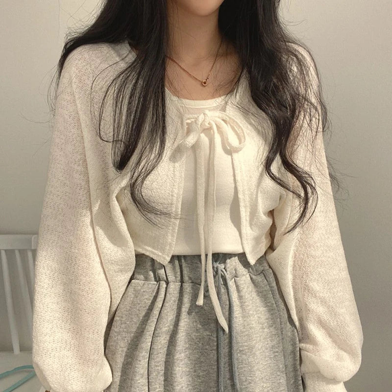 XBBA White Sweet Kawaii Women Cardigan Summer Thin Fashion All Match Shirt Korean Casual Loose Female Lace Up Top New