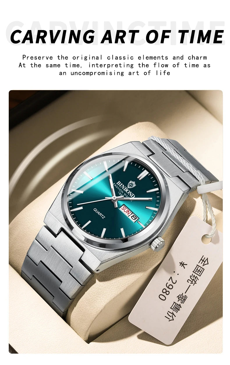 BINBOND Fashion New Men Business Watch Leisure Quartz Stainless Steel Buckle Watches Waterproof Luminous Calendar Men's Watches