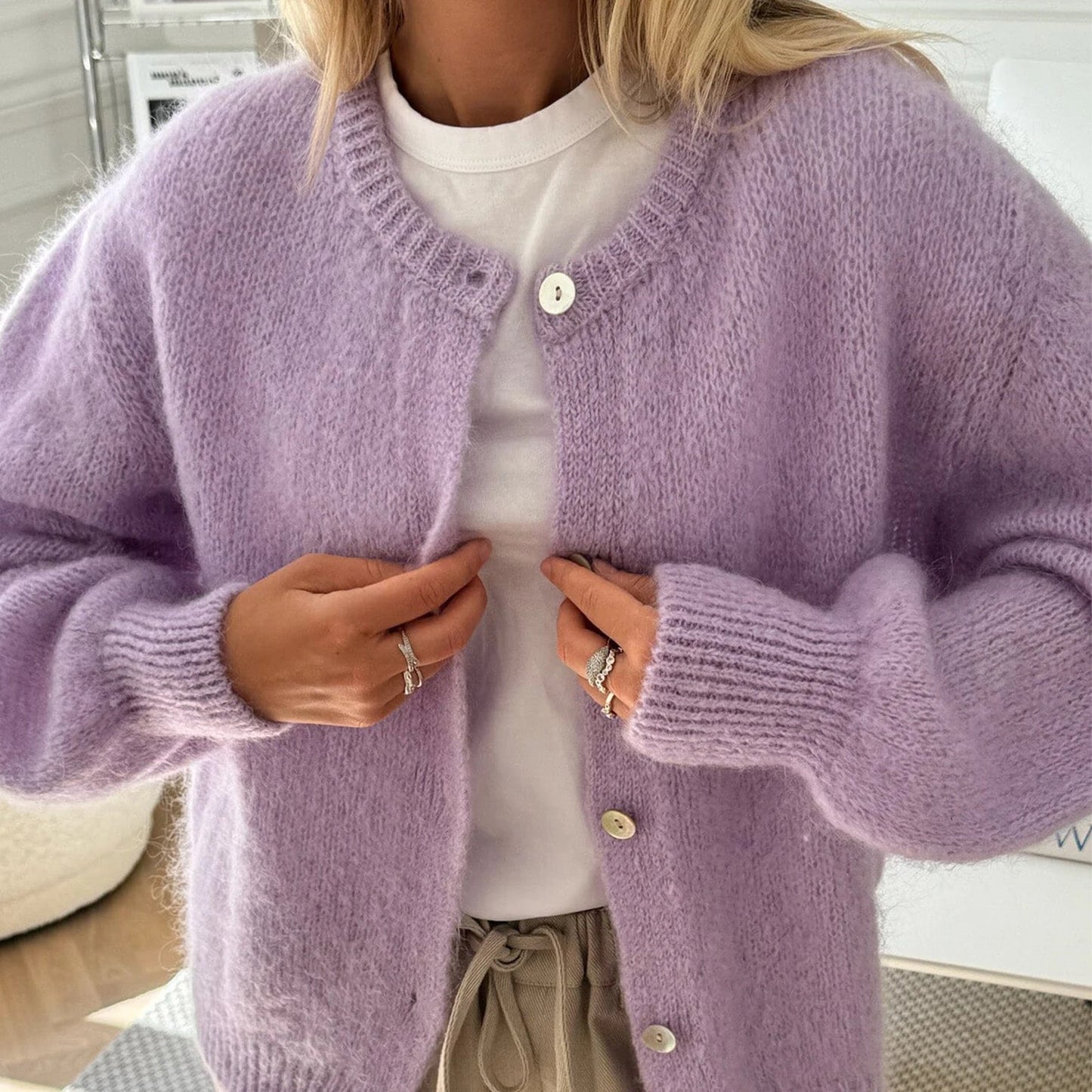 Combhasaki Women's Y2K Chic Solid Color Fuzzy Loose Cardigan Long Sleeve Button Down Round Neck Sweater Soft Knit Tops Outerwear