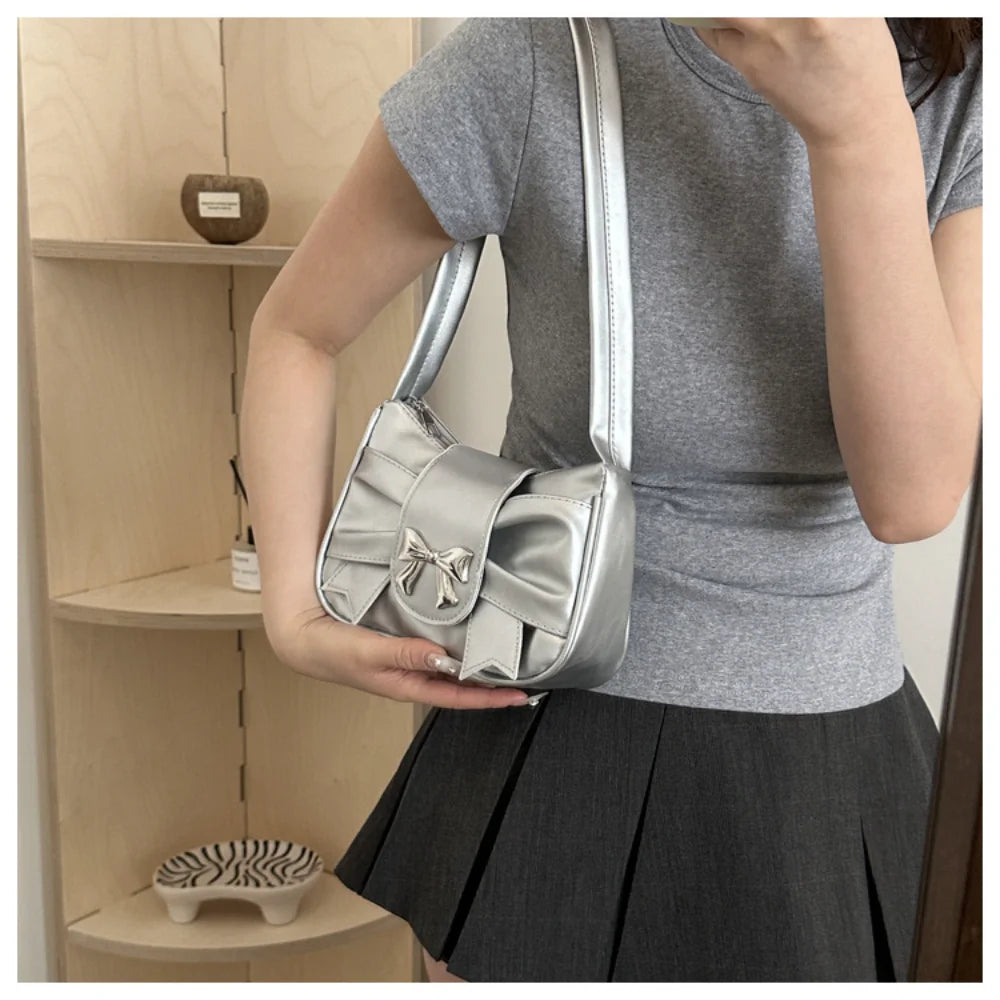 Korean Bow Pleated Shoulder Bag For Women 2024 Spring Summer New Armpit Bag Handbag
