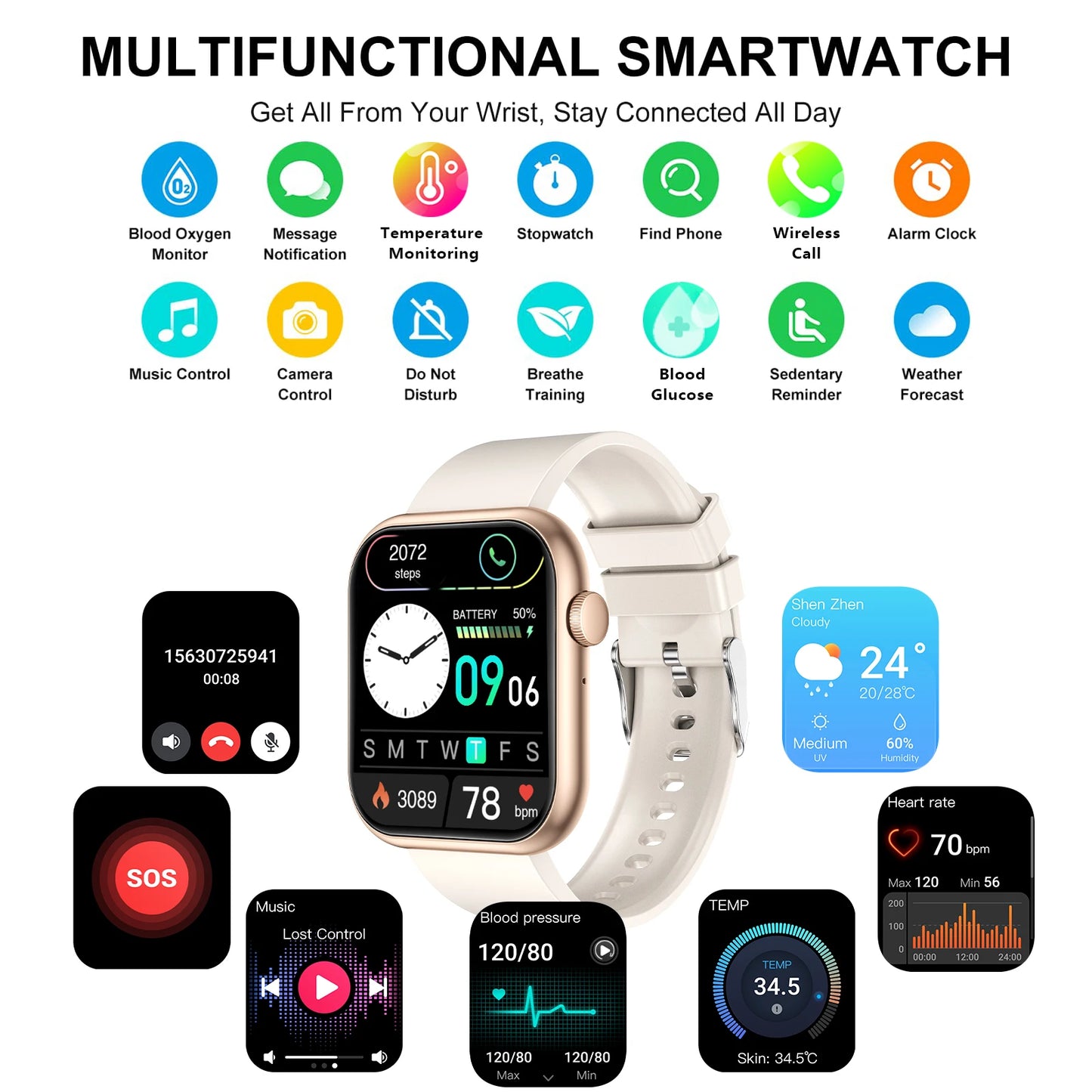 AI Voice Assistant Smart Watch, 2.0'' HD Screen Fitness Tracker with Temp Check/ Breathing Exercise/ Flashlight/ 100+Sports