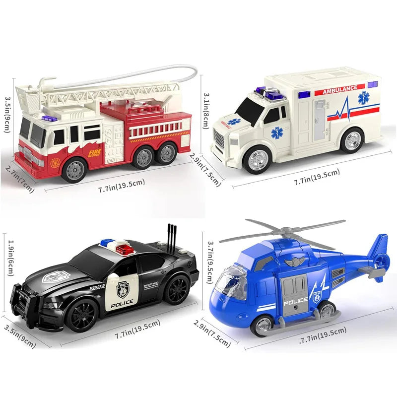 4 Packs Emergency Vehicle Toy Playsets, Friction Powered Vehicles with Light and Sound, Including Fire Truck, Ambulance Toy, Pla