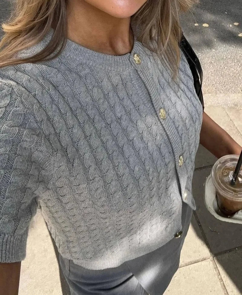 Trendix Women Winter Knit Cardigan Winter Street Fashion Patchwork Ribbed Short Sleeve Sweater Autumn Commute Knitwear Crop Top