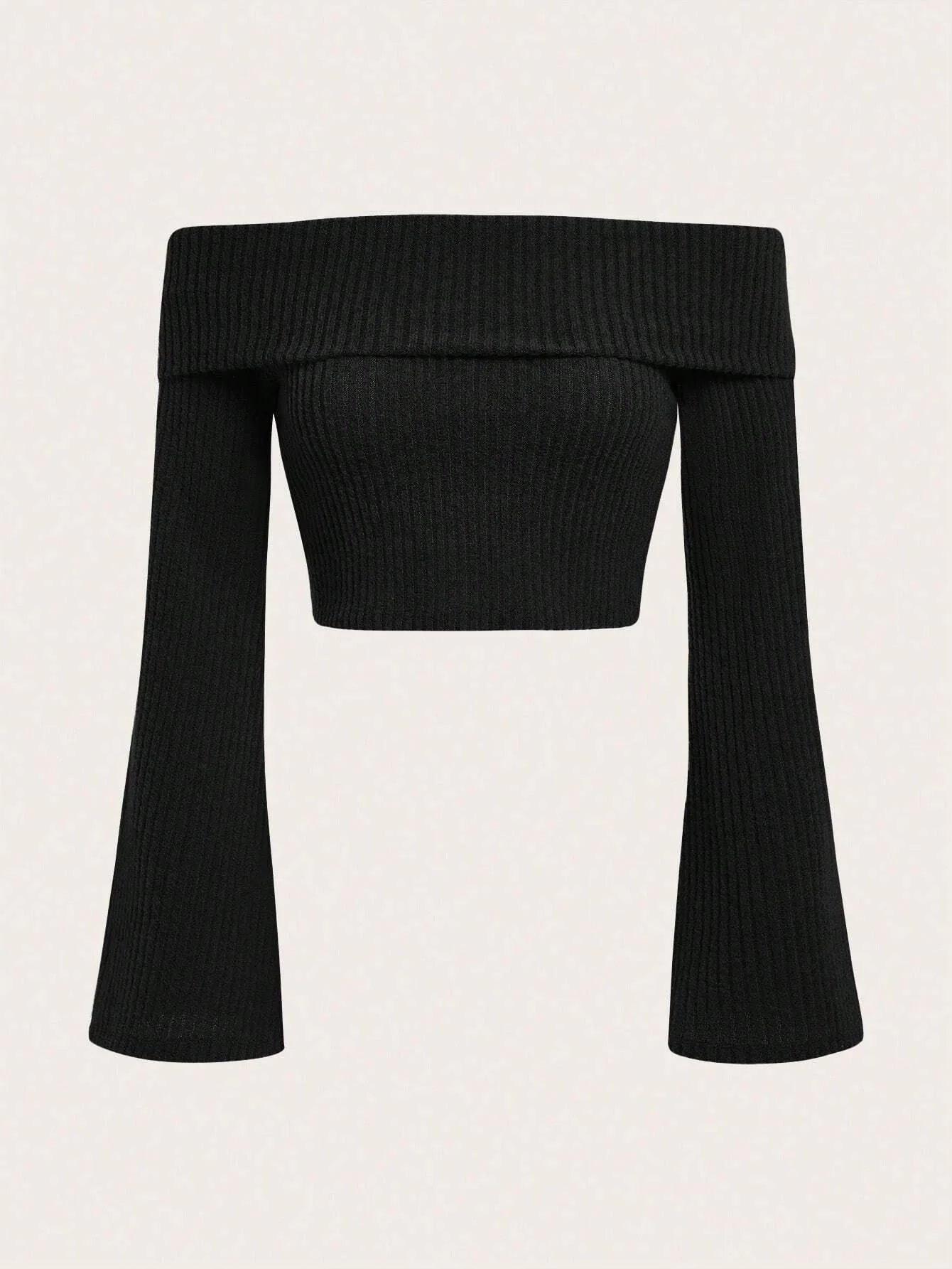 Women Off The Shoulder Flare Long Sleeve Crop Top Fall Spring 2024 Sexy Rib-knit Fleece Cropped Blouse Tee Shirts Streetwear Y2K