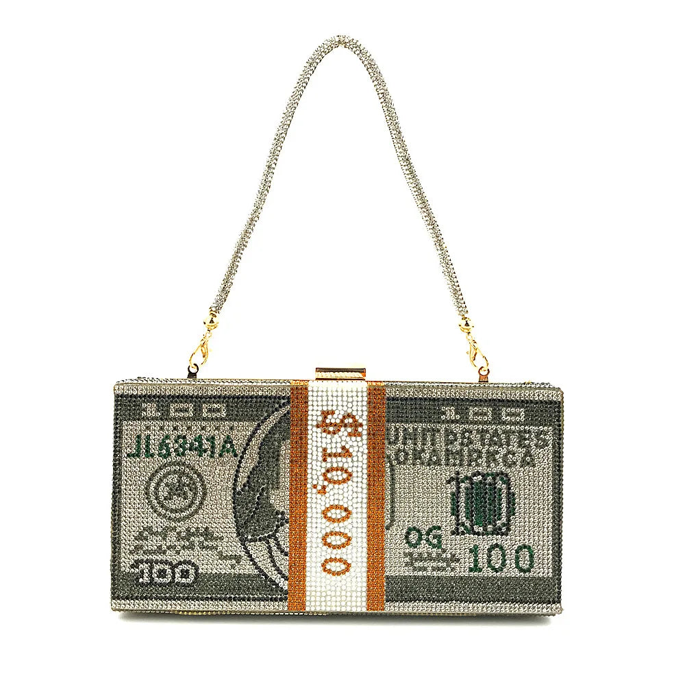 Money Clutch Rhinestone Purse 10000 Dollars Stack Cash Evening Handbags Shoulder Wedding Dinner Bag 2024 women bag сумка wallet