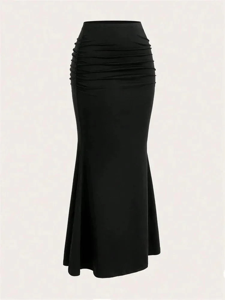 Solid Bodycon Ruched Long Skirt Women Sexy Black Elastic Elegant High Waist Mermaid Maxi Skirts Summer Streetwear 2024