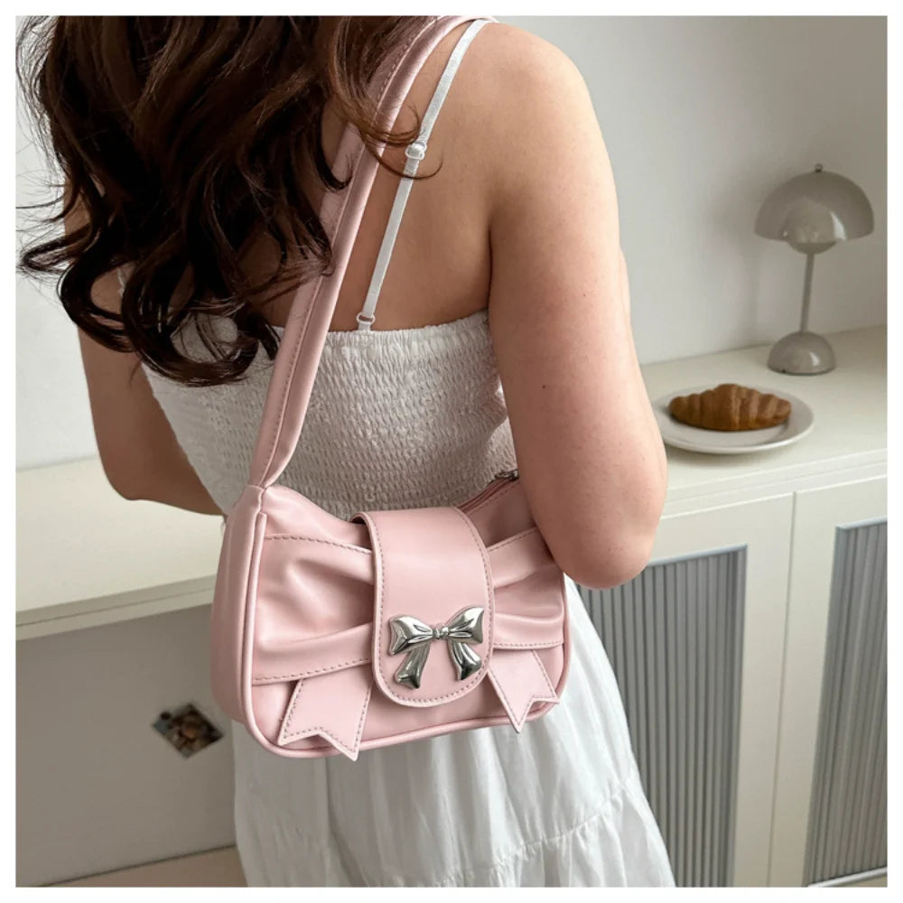 Korean Bow Pleated Shoulder Bag For Women 2024 Spring Summer New Armpit Bag Handbag