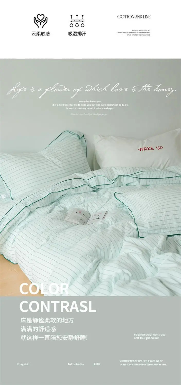 Mint Manbo Rolled Edge Washed Cotton Bed Four Piece Set, Duvet Cover, High-end Bed Sheet, Student Bed, Dormitory Three Piece Set
