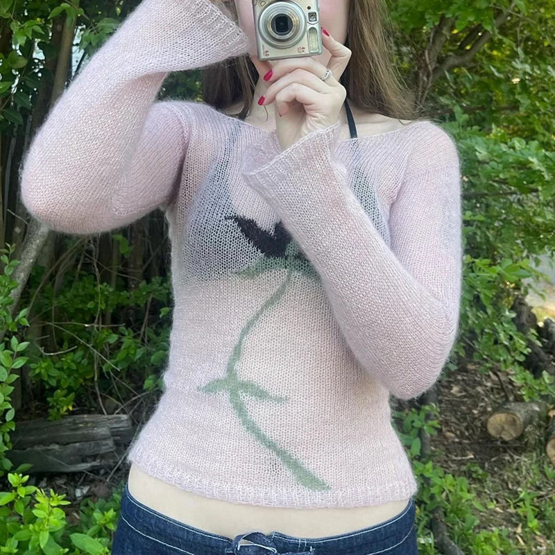 Flower Long Sleeve Knitted Crop Tops Aesthetic See Through Sweater Tees 90s Vintage Y2k Gyaru Crop Tops Jumpers Cottage Clothes