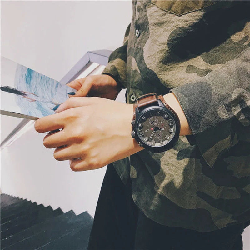 YIKAZE Luxury Business Men Quartz Watch Classic Retro Men's Watches Big Dial Leather Strap Date Military Wristwatch for Man