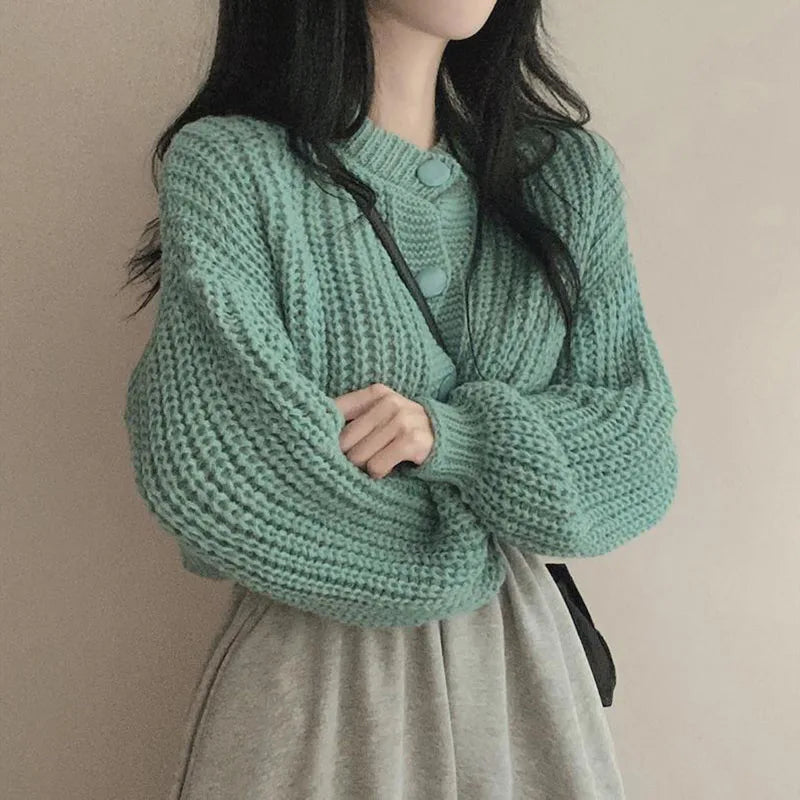 2024 Fall Winter Short Knitted Cardigan Women Thicken Warm Single-Breasted Sweater Female Solid O-Neck Long Sleeve Knitwear Coat
