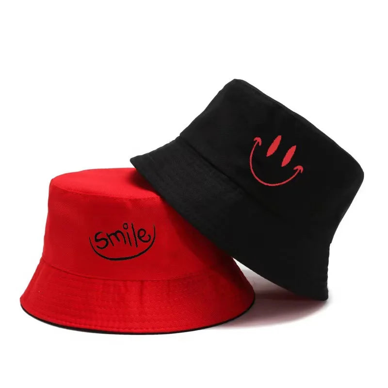 Unisex Bucket Hat Smile Embroidery Women Cotton Corduroy Double-Sided Bob Hip Hop Hat Four Season Panama Beach Fishing Sun Caps
