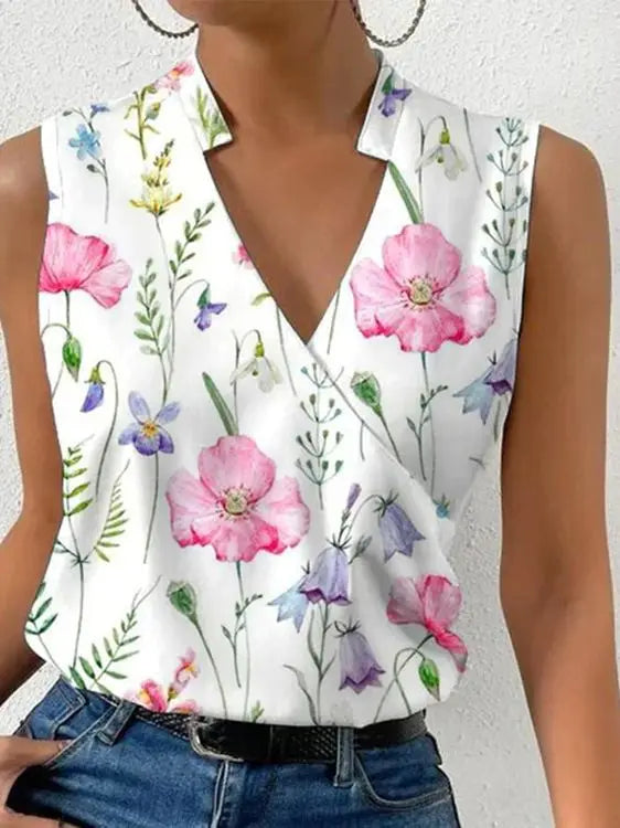 Fashion V-neck Sleeveless Print Women Tops And Blouses 2023 Summer Casual White Tank Top Femme Shirt Blousea