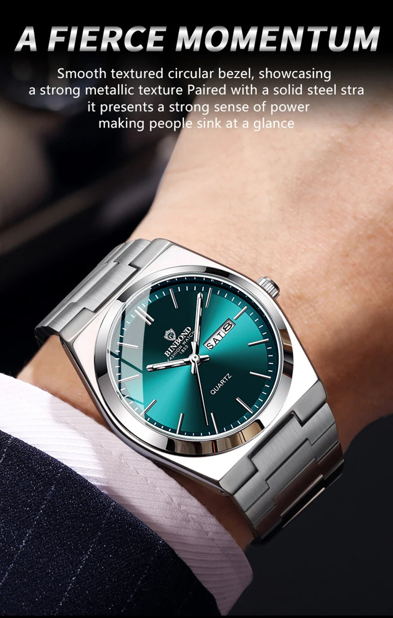 Men Watch Light Luxury Brand Stainless Steel Double Calendar Waterproof Male Business Leisure Fashion Quartz Clock Watches W004
