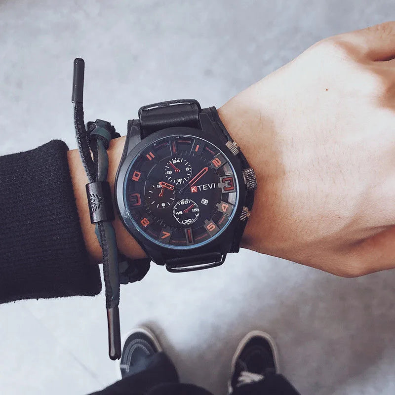 YIKAZE Luxury Business Men Quartz Watch Classic Retro Men's Watches Big Dial Leather Strap Date Military Wristwatch for Man