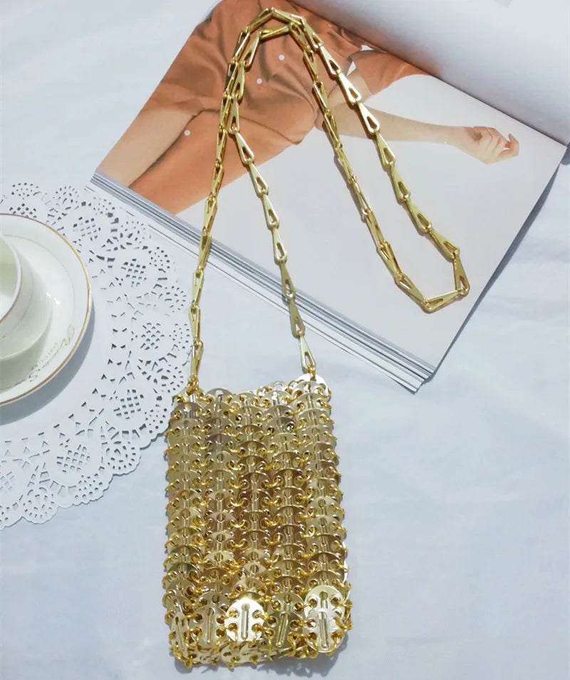 luxury Women Bags Designer Metal Sequins Chain Woven Bag Hollow Evening Bags Clutch Female Travel Holiday Shoulder Bag Handbag