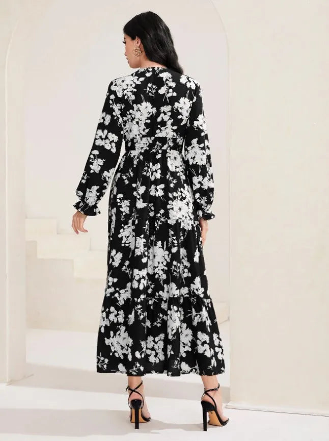 Autumn Women's New Sexy V-neck Fashionable Printed Cake Long Sleeves Medium To Long Length Casual Comfortable Dress For Women
