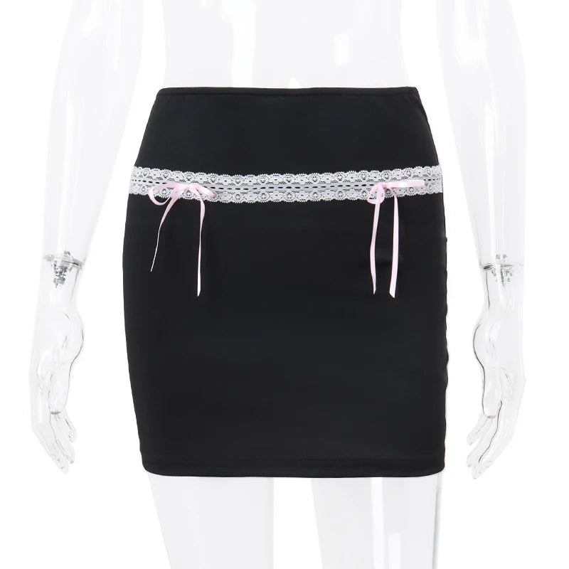 Candyhot Y2K Bow Lace Up High-waist Hip Skirts Chic Lace Stitch Black Skirt Summer Streetwear Vacation Bodycon Short Dresses