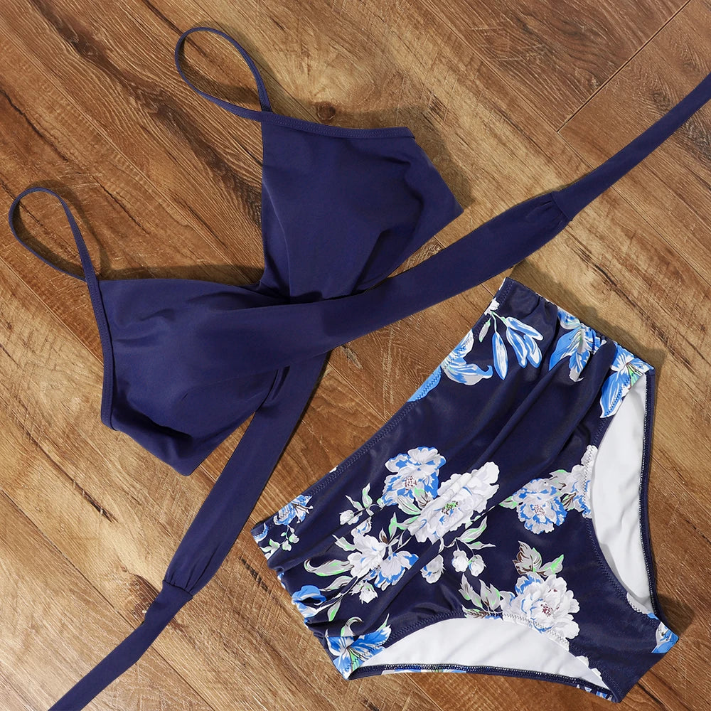 High Waist Sexy Bikini Set 2024 Biquini Swimwear Women Two Pieces Swimsuit Floral Beachwear V-Neck Bathing Suits Female