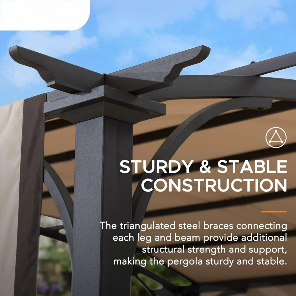 Outdoor Pergola 9.5 x 11 ft. Steel Arched Pergola with Adjustable Canopy for Patio, Backyard and Garden Activities, Tan & Brown