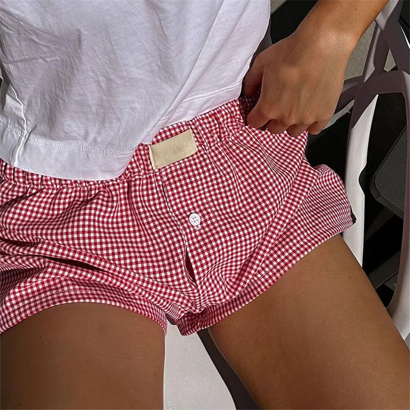 Women's Y2k Pajamas Shorts Cute Plaid Pj Short Pants Flannel Lounge Sleep Shorts Bottoms Elastic Waist Baggy Boxers Tracksuit