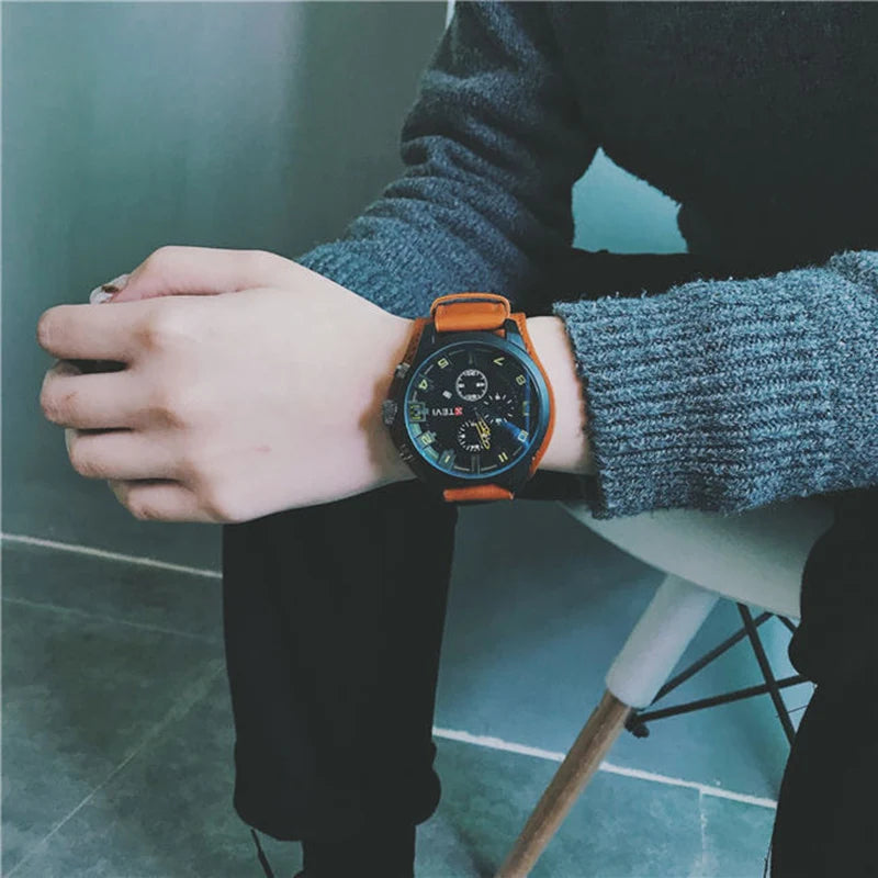 YIKAZE Luxury Business Men Quartz Watch Classic Retro Men's Watches Big Dial Leather Strap Date Military Wristwatch for Man