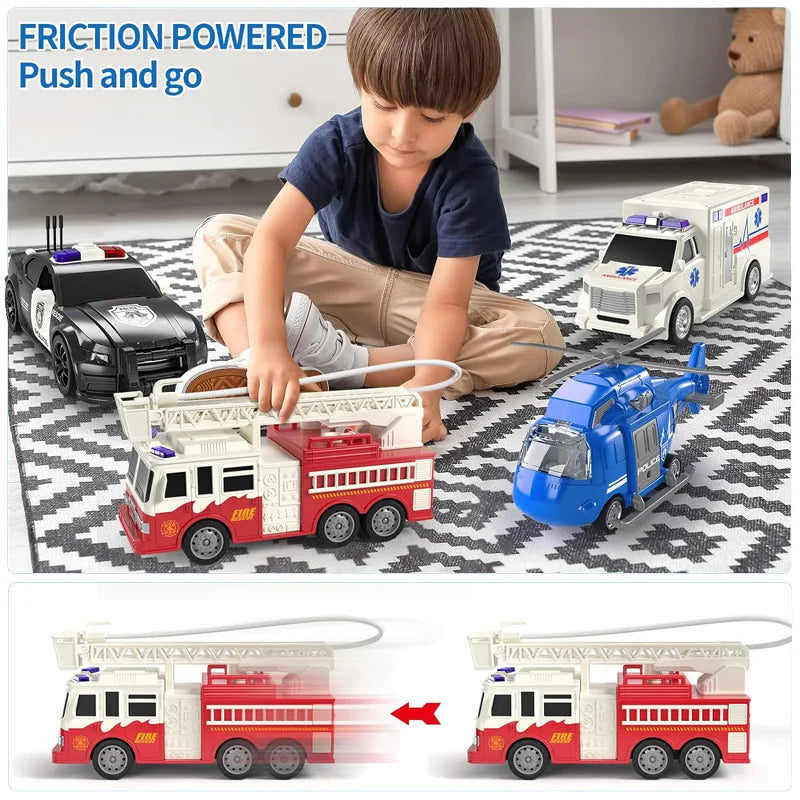 4 Packs Emergency Vehicle Toy Playsets, Friction Powered Vehicles with Light and Sound, Including Fire Truck, Ambulance Toy, Pla