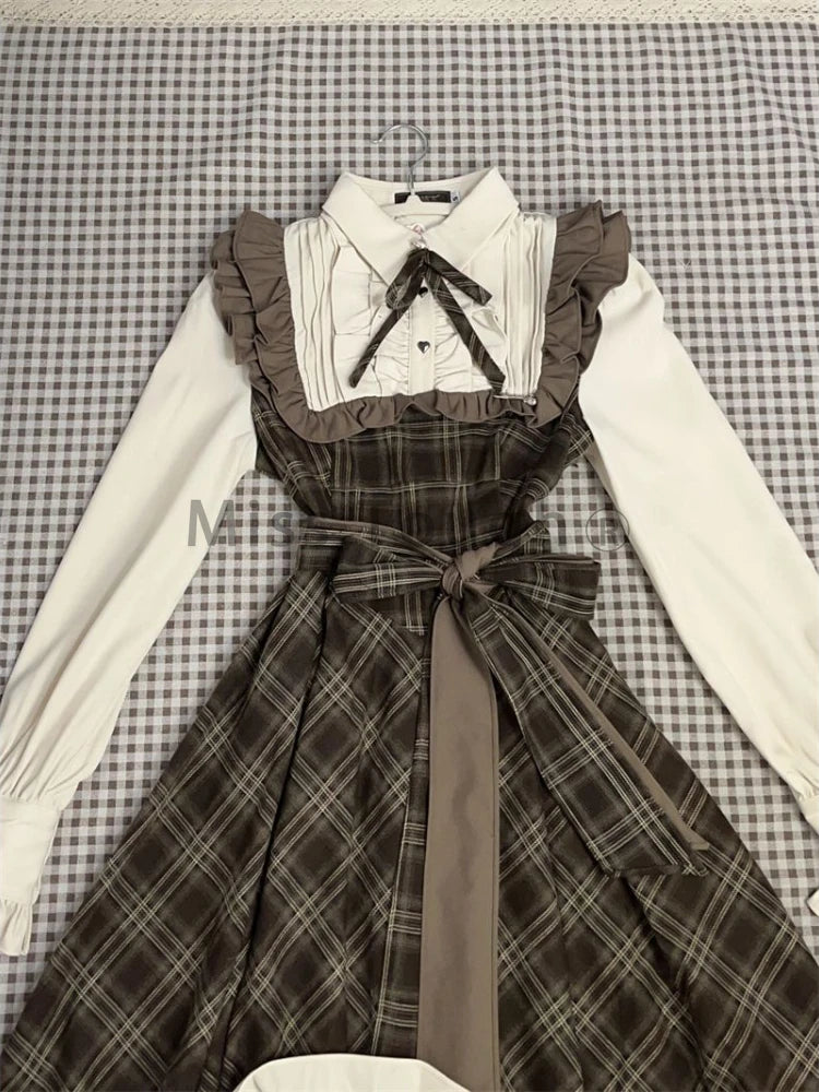 Autumn France Vintage Long Sleeve Dress Women Fashion Design Bow Lapel Lace Up Plaid Dresses Retro Chic Slim Thin Ruffle Dress