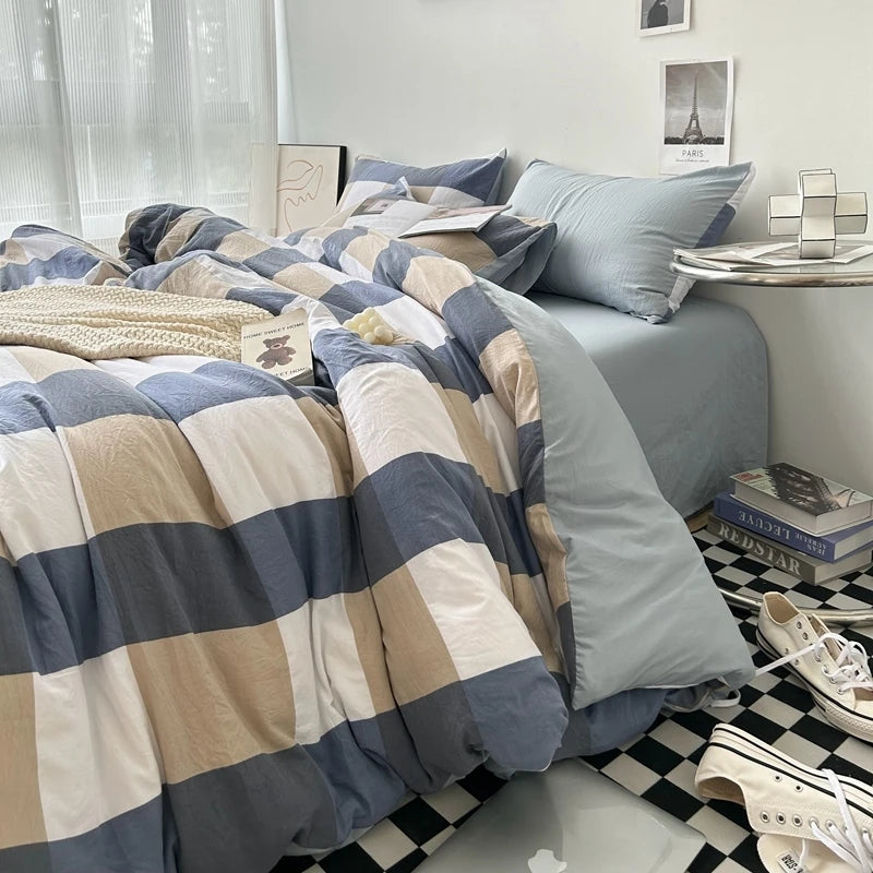 Bed Linen Washed Cotton Striped Grid Minimalist Bedding Sheet Set Comforter Sets Queen Duvet Cover Double For Boys And Girls
